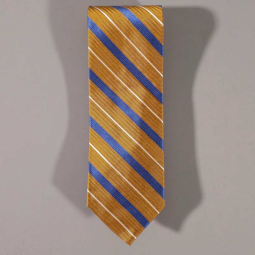Hickey Freeman Necktie Mens OS Gold Blue Striped Silk Herringbone Italy Fabric